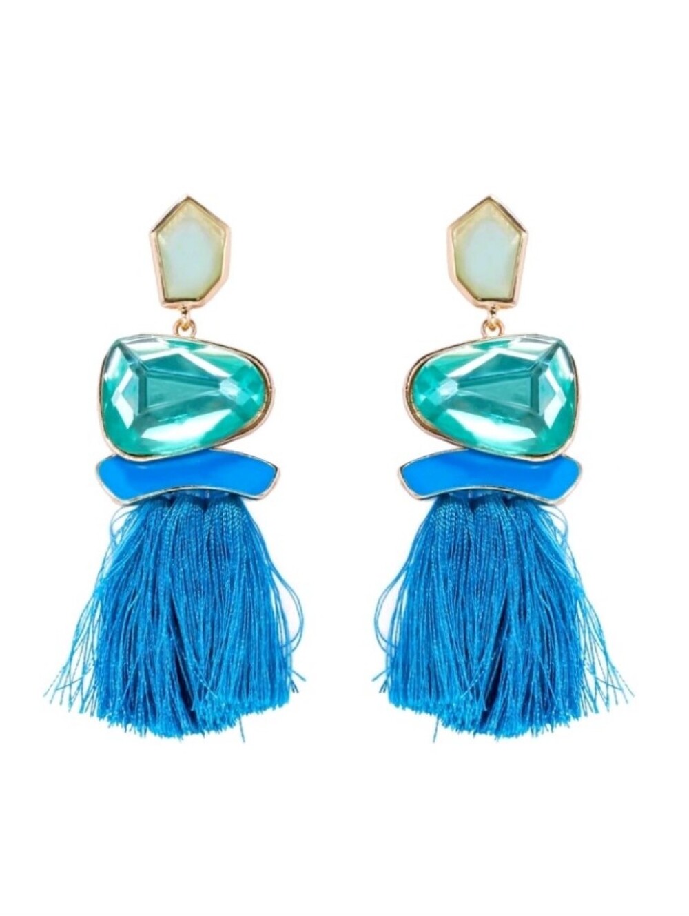 NEW! Boho Blue Tassel Drop Geometric Gold Earrings with Faceted Gem Accents